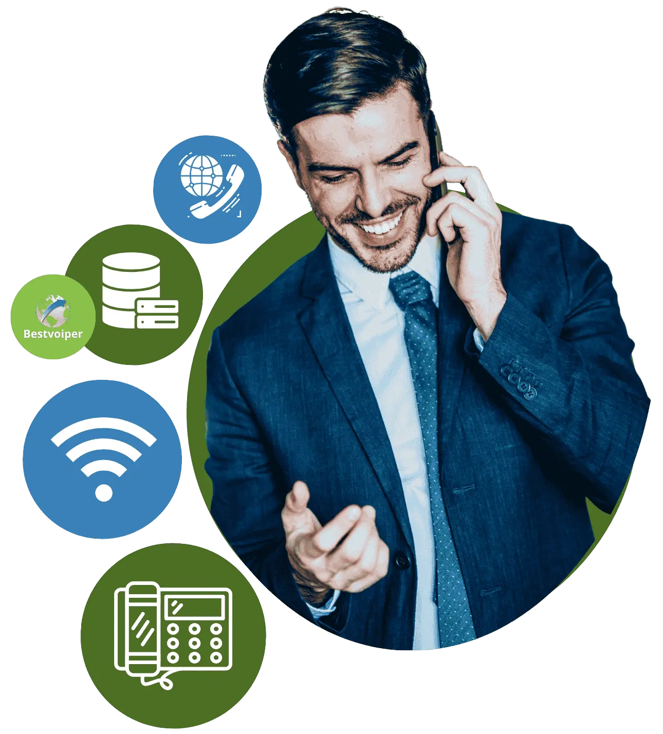 Hombre haciendo uso del servicio de troncales sip Bestoviper, con iconos del proceso de implementación alrededor